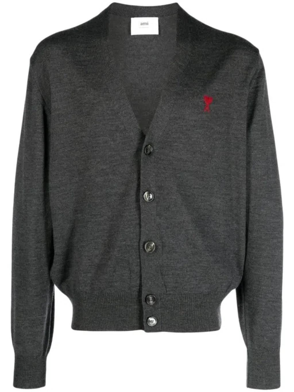 Ami De Coeur-embroidered Merino Cardigan In Grey Product Image