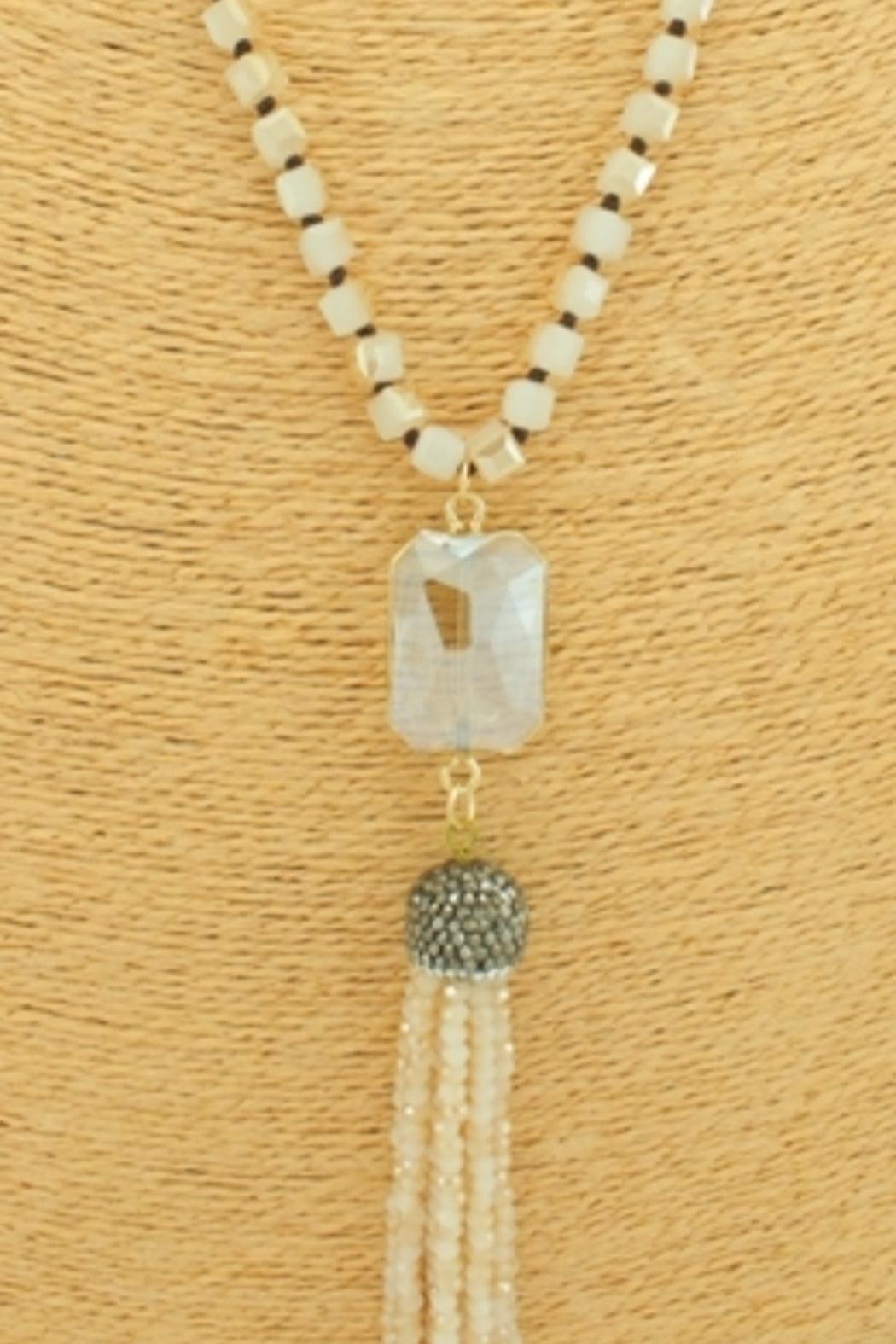 Long Beige Beaded Tassel Necklace Female Product Image