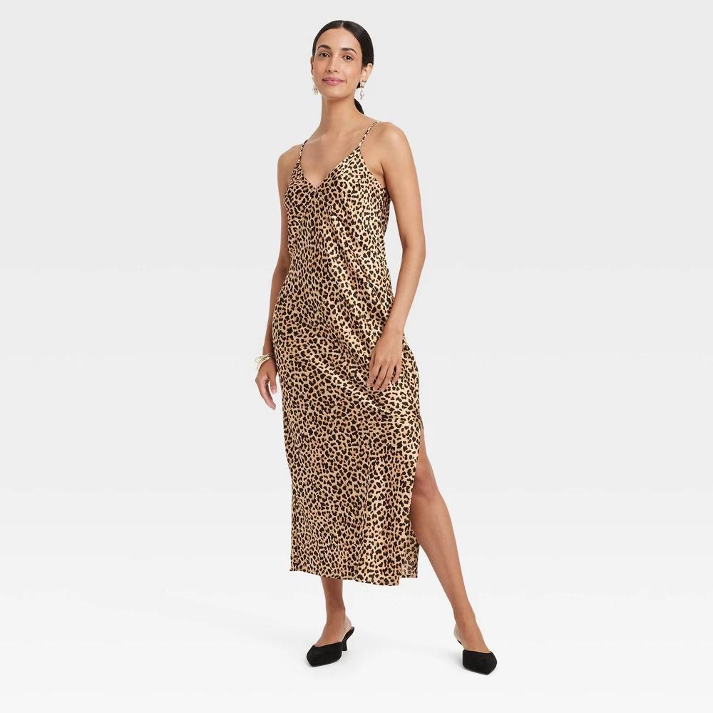 Womens Midi Slip Dress - A New Day Brown Leopard Print L product image