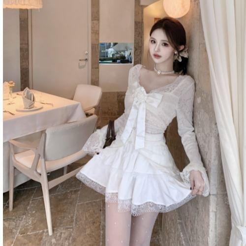 Long Sleeve V-Neck Plain Bow Lace Top / High Waist Ruffle Mini A-Line Skirt Product Image