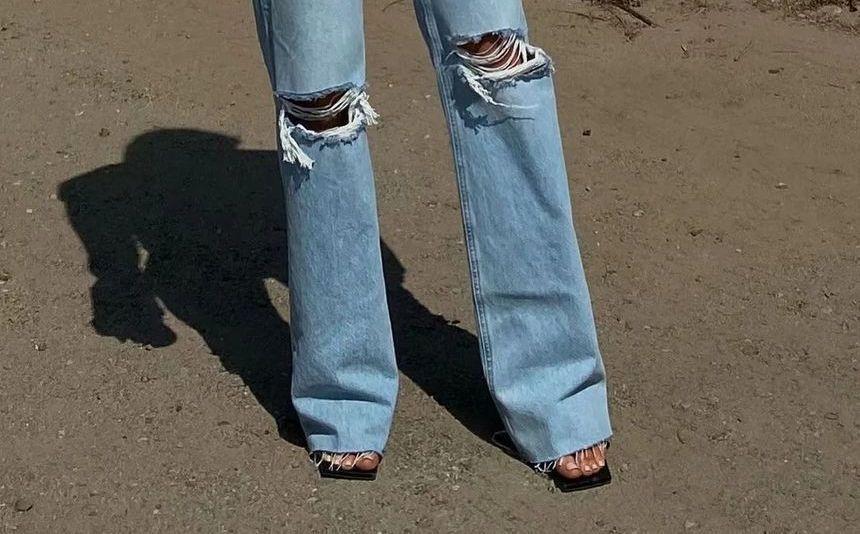 High-Waist Distressed Wide-Leg Jeans Product Image