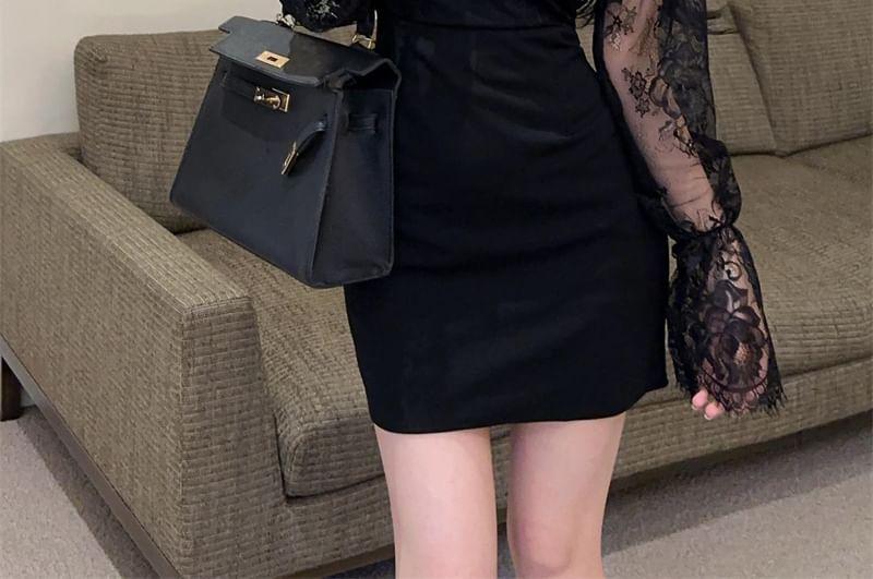 Long Sleeve Crew Neck Plain Bow Cutout Panel Lace Mini Sheath Dress Product Image