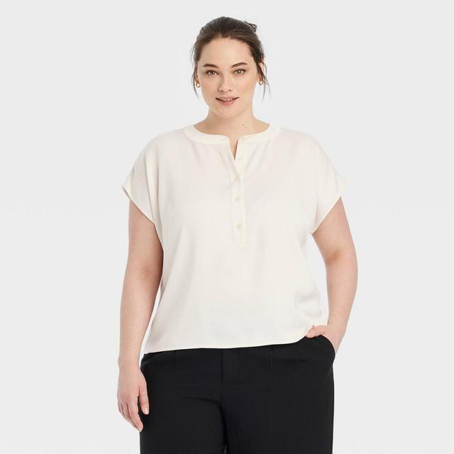 Womens Button Short Sleeve V-Neck Blouse - A New Day Cream XXL Product Image