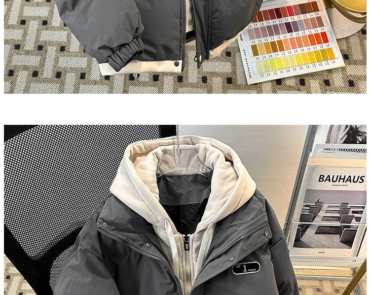 Letter Embroidered Hooded Mock Two-Piece Zip Puffer Coat Product Image