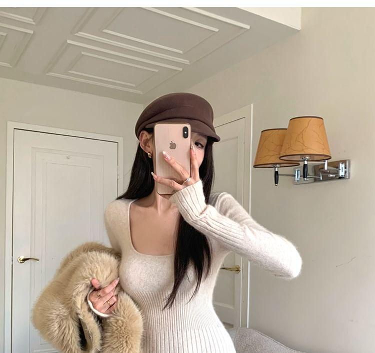 Long Sleeve Scoop Neck Plain Ribbed Knit Bodycon Mini Dress Product Image