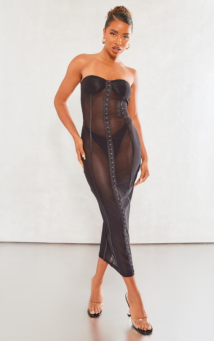 Black Mesh Bandeau Hook & Eye Binding Detail Midaxi Dress Product Image