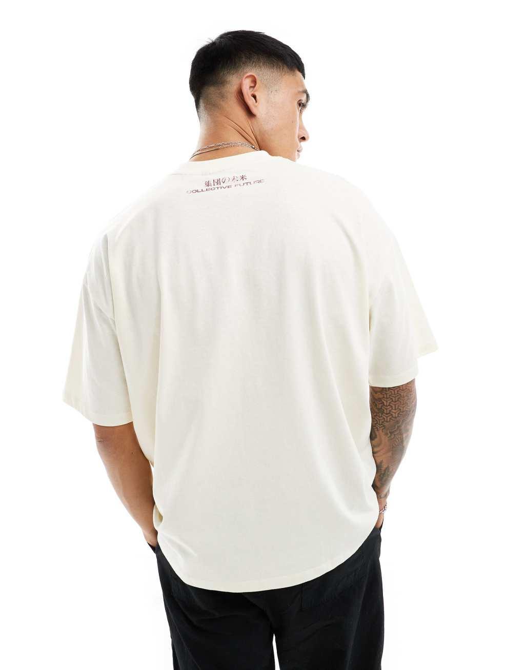 ASOS DESIGN oversized T-shirt in off white with dragon souvenir front print Product Image