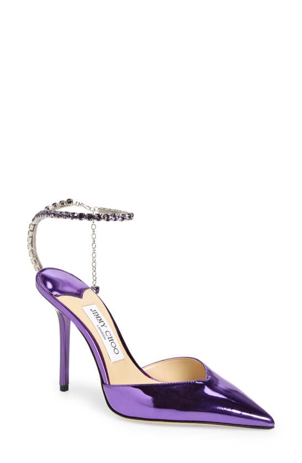 Saeda Crystal Ankle Strap Pointed Toe Pump In Cassis Product Image