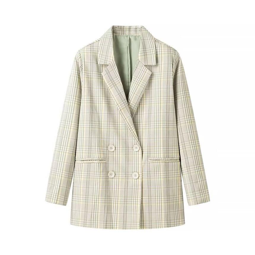 Notch Lapel Plaid Double Breasted Blazer Product Image