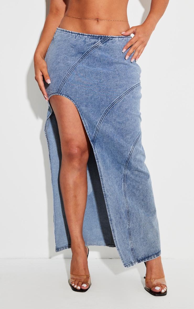 Shape Light Blue Denim Seam Detail High Split Maxi Skirt Product Image