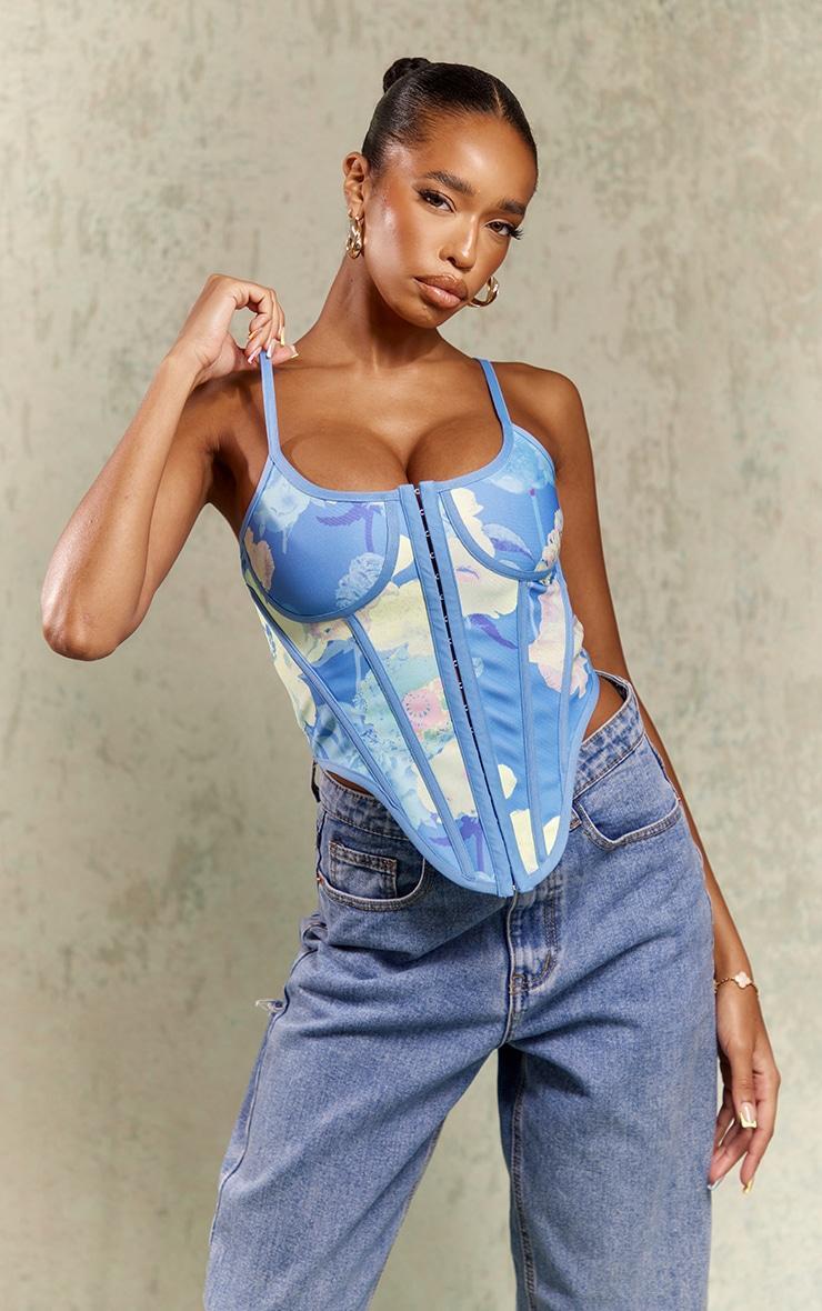 Blue Floral Bandage Hook And Eye Corset Product Image