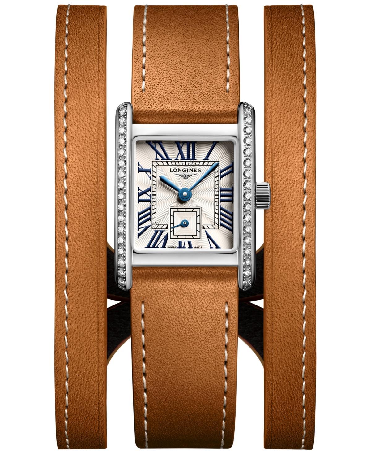 Longines Womens Swiss Mini Dolcevita Diamond (3/8 ct. t.w.) Brown Three-Row Leather Strap Watch 29mm Product Image