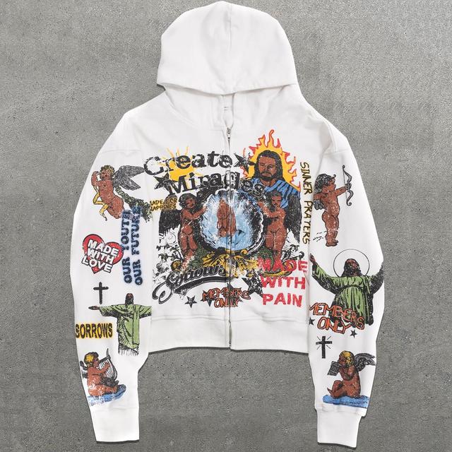 Works Miracles Print Graphic Loose Velvet Pocket Zip Hoodie Product Image