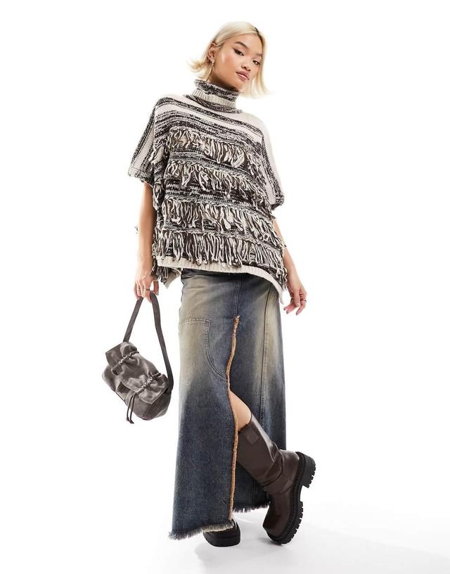 Urban Revivo striped tassel poncho in brown Product Image