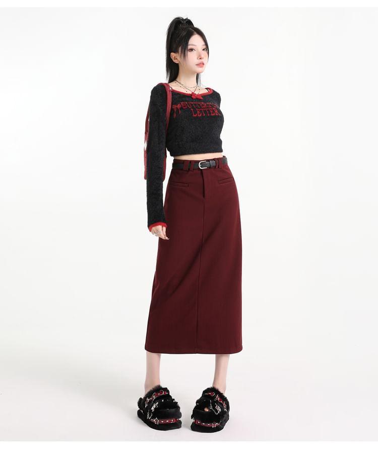 High Waist Plain Slit Midi Pencil Skirt product image