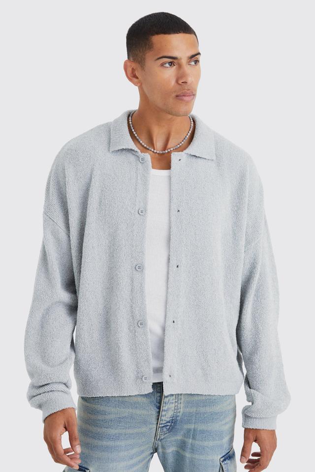 Mens Grey Boxy Fit Brushed Knit Cardigan, Grey Product Image