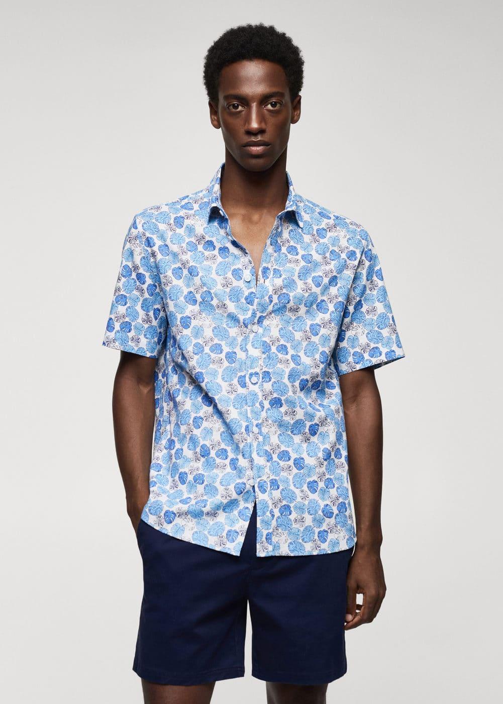 MANGO MAN - 100% cotton short-sleeved printed shirt blueMen Product Image