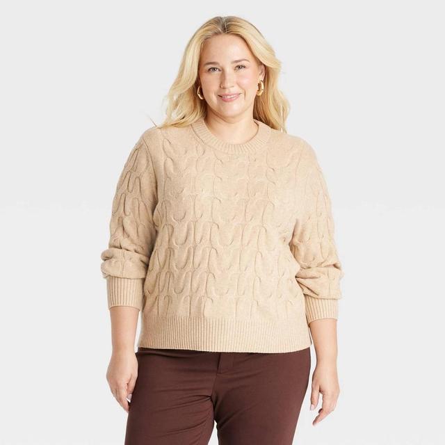 Womens Cable Crewneck Pullover Sweater - A New Day Camel 3X Product Image