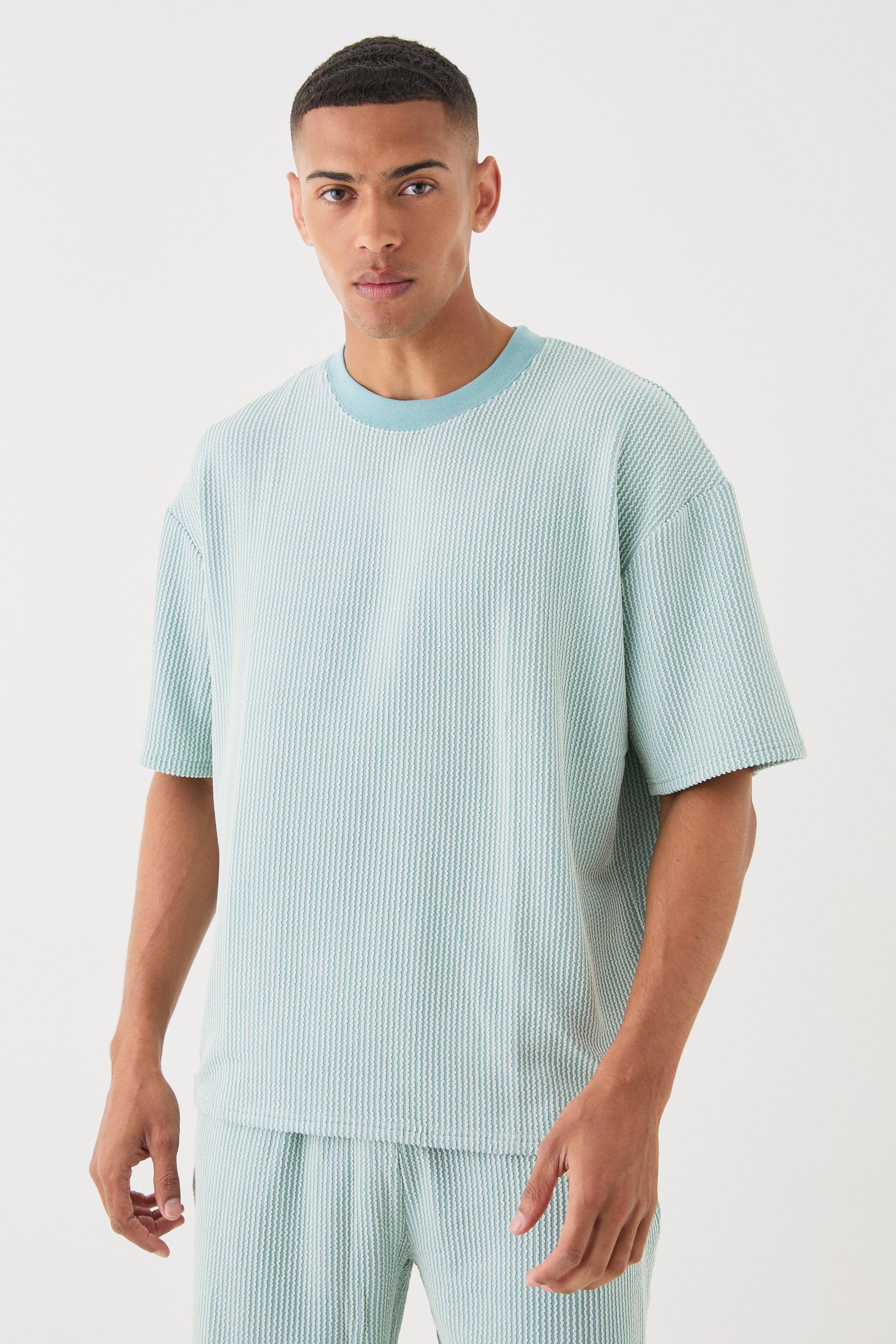 Mens Blue Oversized Boxy Extended Neck Stripe Texture T-shirt, Blue Product Image