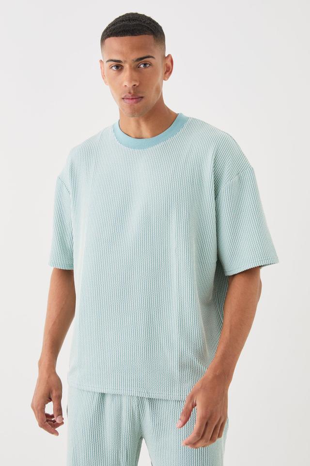 Mens Blue Oversized Boxy Extended Neck Stripe Texture T-shirt, Blue Product Image