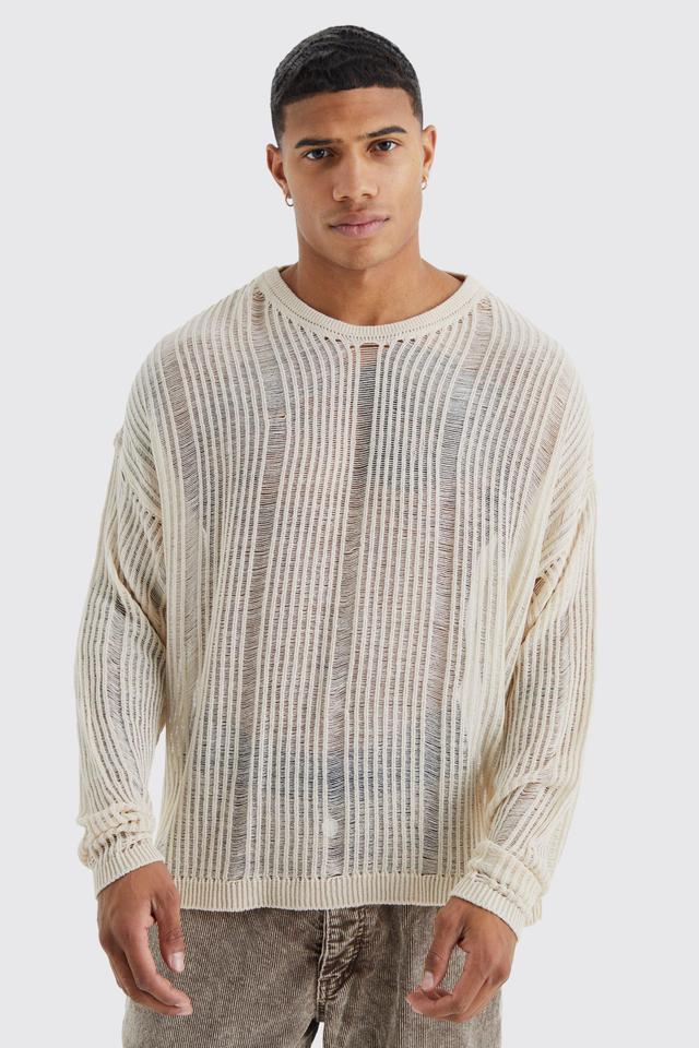 Mens Beige Oversized Boxy Open Knit Laddered Jumper, Beige Product Image