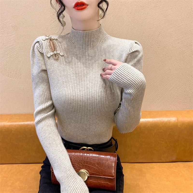 Mock Neck Beaded Cutout Frog Closure Ribbed Sweater Product Image