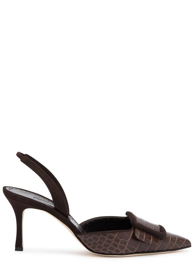 Mayslibi 70 Buckled Suede-trimmed Croc-effect Leather Slingback Pumps In Dark Brown Product Image