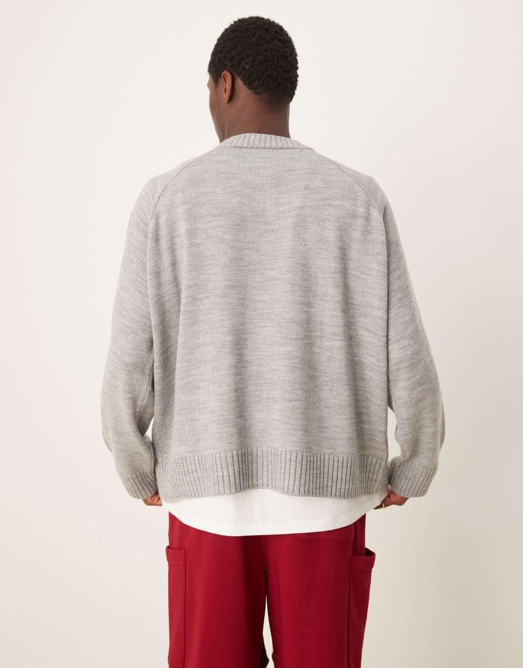 ASOS DESIGN super oversized boxy fit knit crew neck sweater with pintuck seams in gray heather Product Image