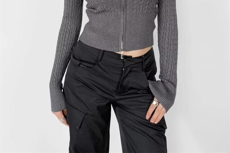 Off-Shoulder Plain Cable Knit Zip-Up Crop Cardigan Product Image