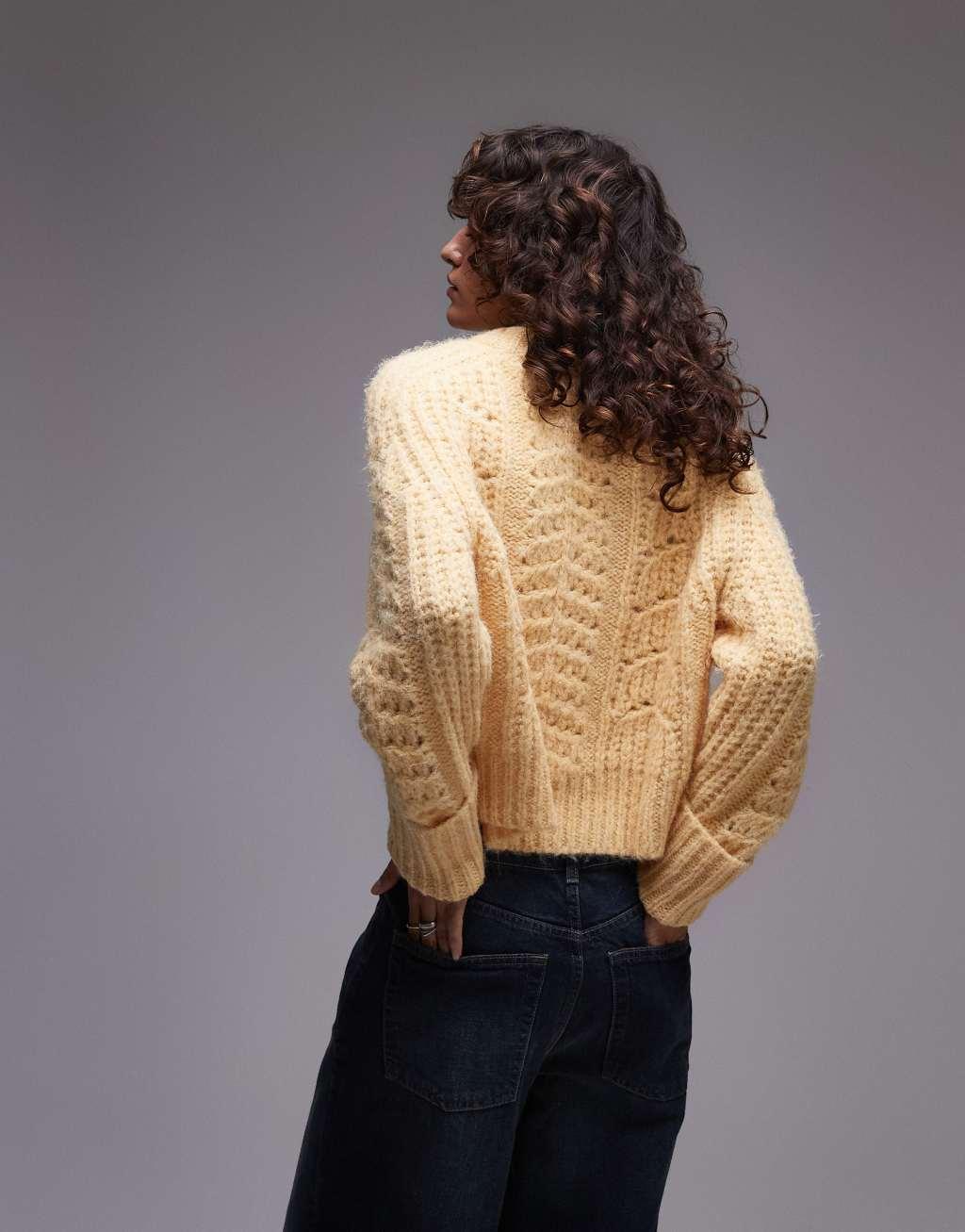 Topshop knitted stitchy crew relaxed sweater in buttermilk Product Image