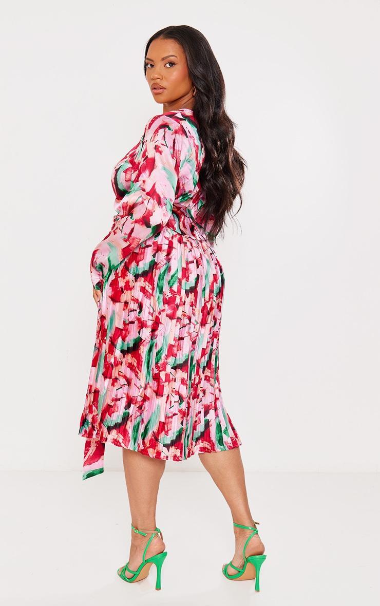 Plus Pink Floral Print Long Sleeve Pleated Midi Dress Product Image