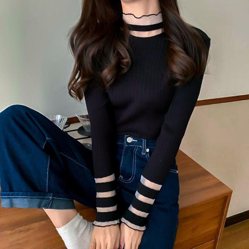 Long-Sleeve Mock Neck Plain Mesh Panel Ribbed Knit Top Product Image