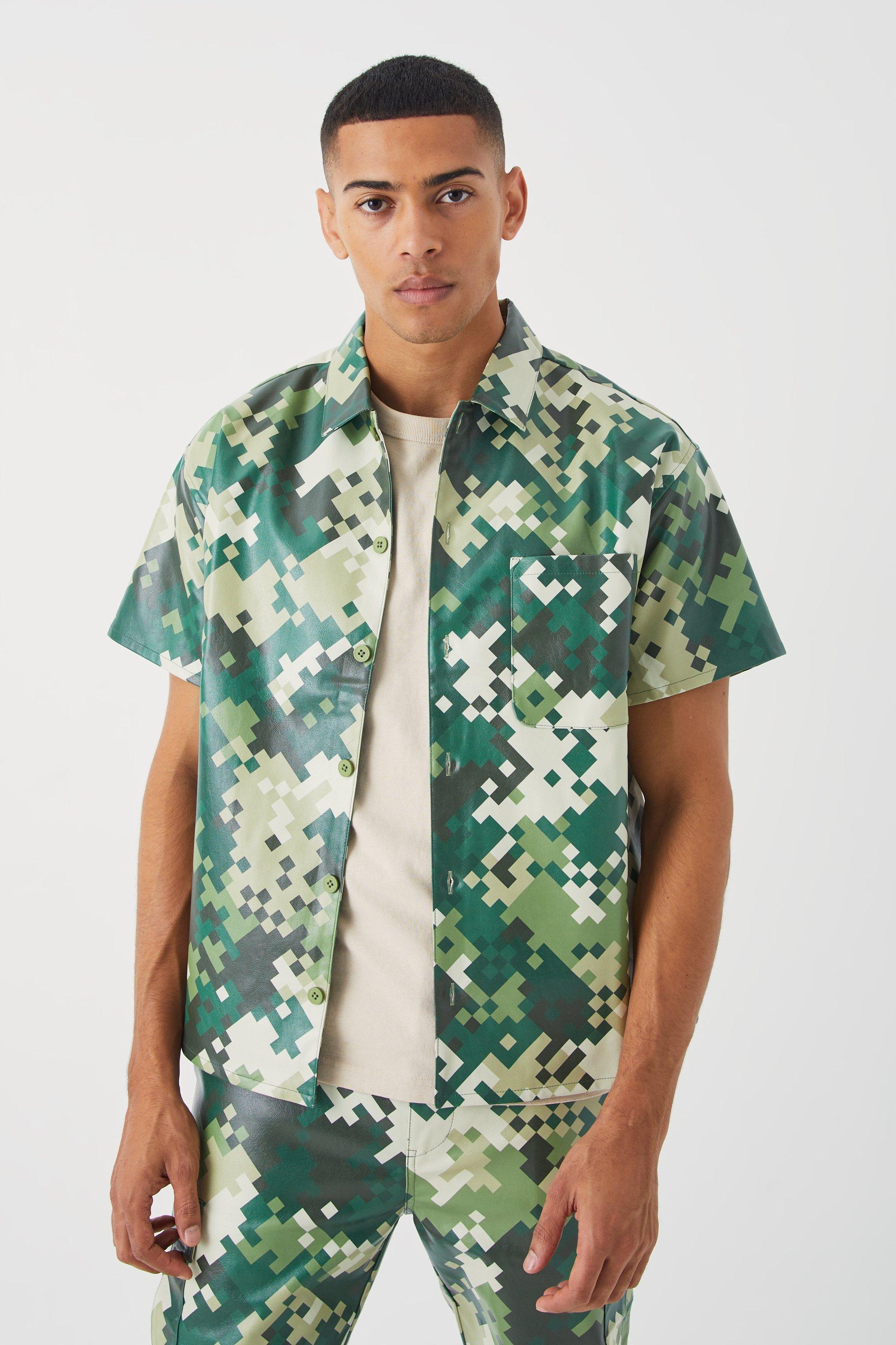 Pu Short Sleeve Boxy Camouflage Shirt | boohooMAN USA Product Image