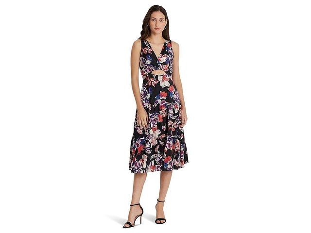 Lauren Ralph Lauren Floral Twist-Front Mousseline Dress (Black/Purple Women's Dress Product Image