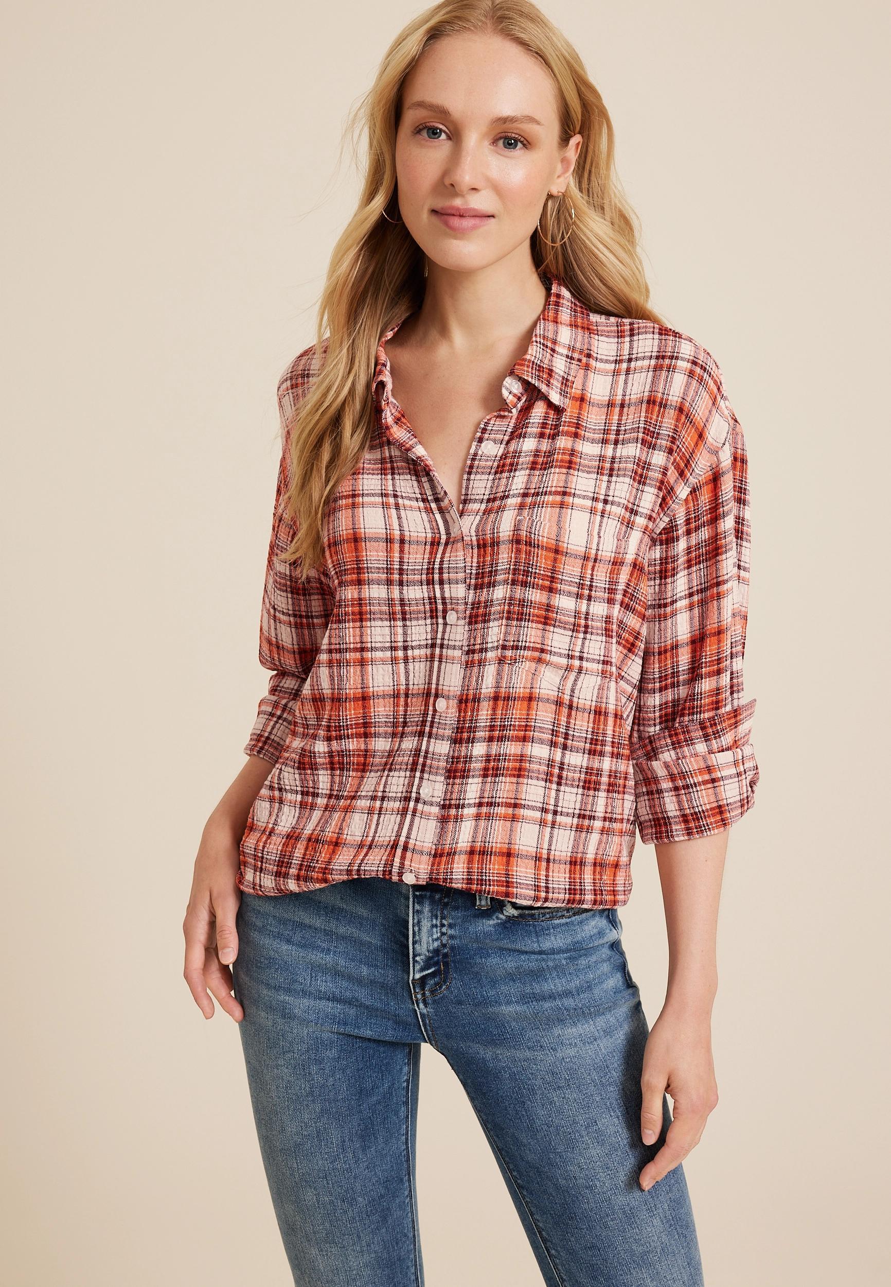 Maurices Womens Pucker Plaid Button Up Shirt Size Small Product Image