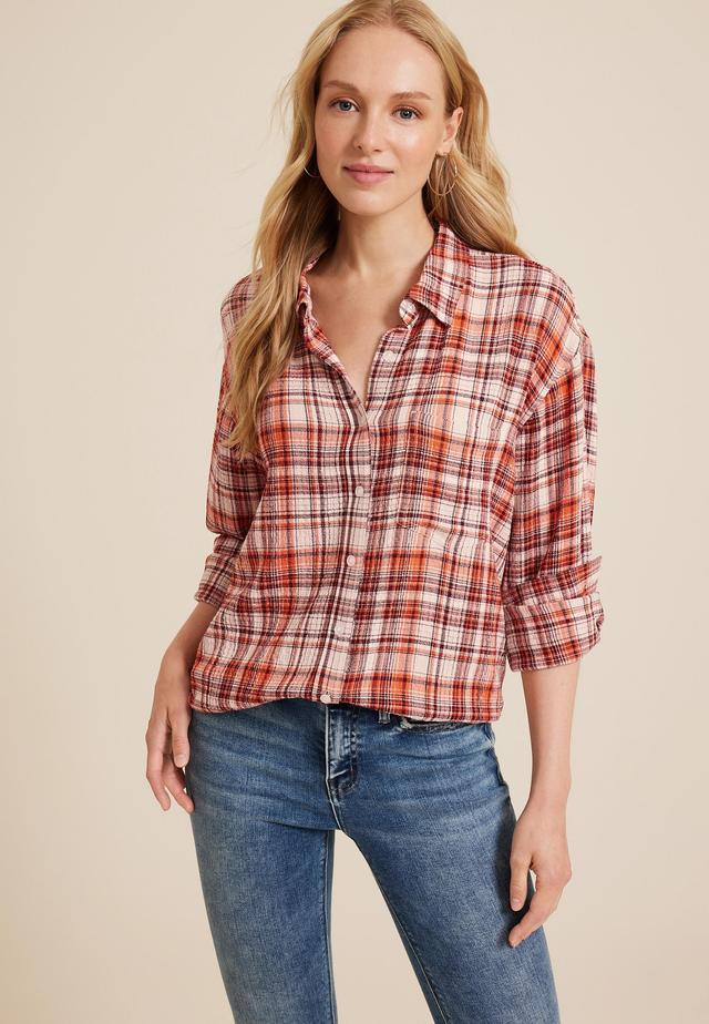 Maurices Womens Pucker Plaid Button Up Shirt Size Small Product Image