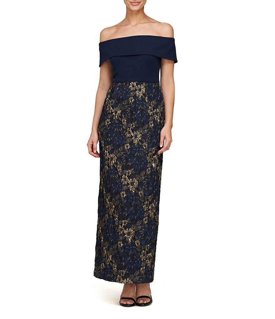 JS Collections Stretch Crepe Metallic Jacquard Off The Shoulder Gown Product Image