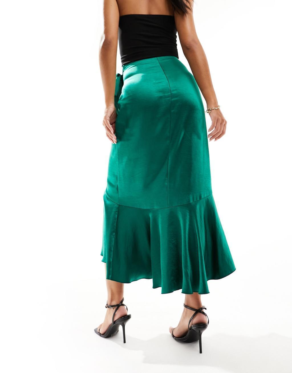 Flounce London satin wrap midaxi skirt in emerald green Product Image