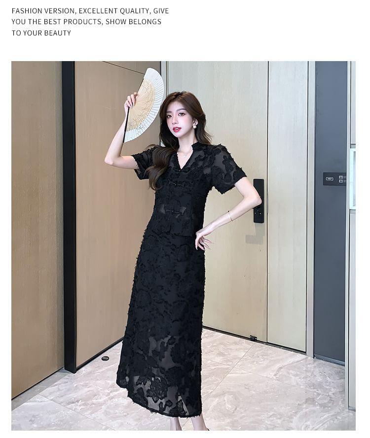 Set: Short-Sleeve V-Neck Frog Button Lace Blouse + High Rise Midi A-Line Skirt Product Image