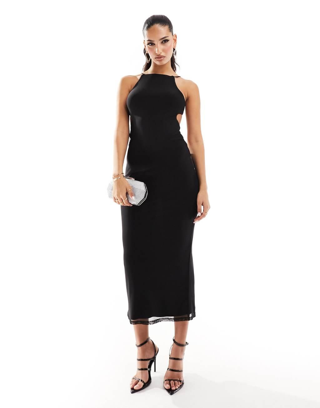 ASOS DESIGN mesh halter maxi dress with extreme cut out back detail in black Product Image