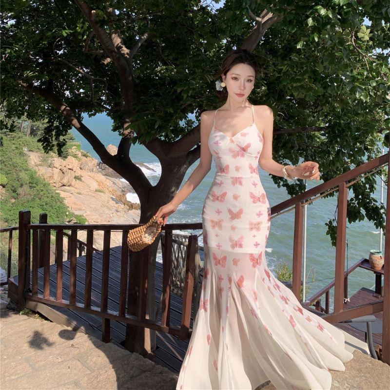 Spaghetti Strap V-Neck Butterfly Print Midi Mermaid Dress Product Image