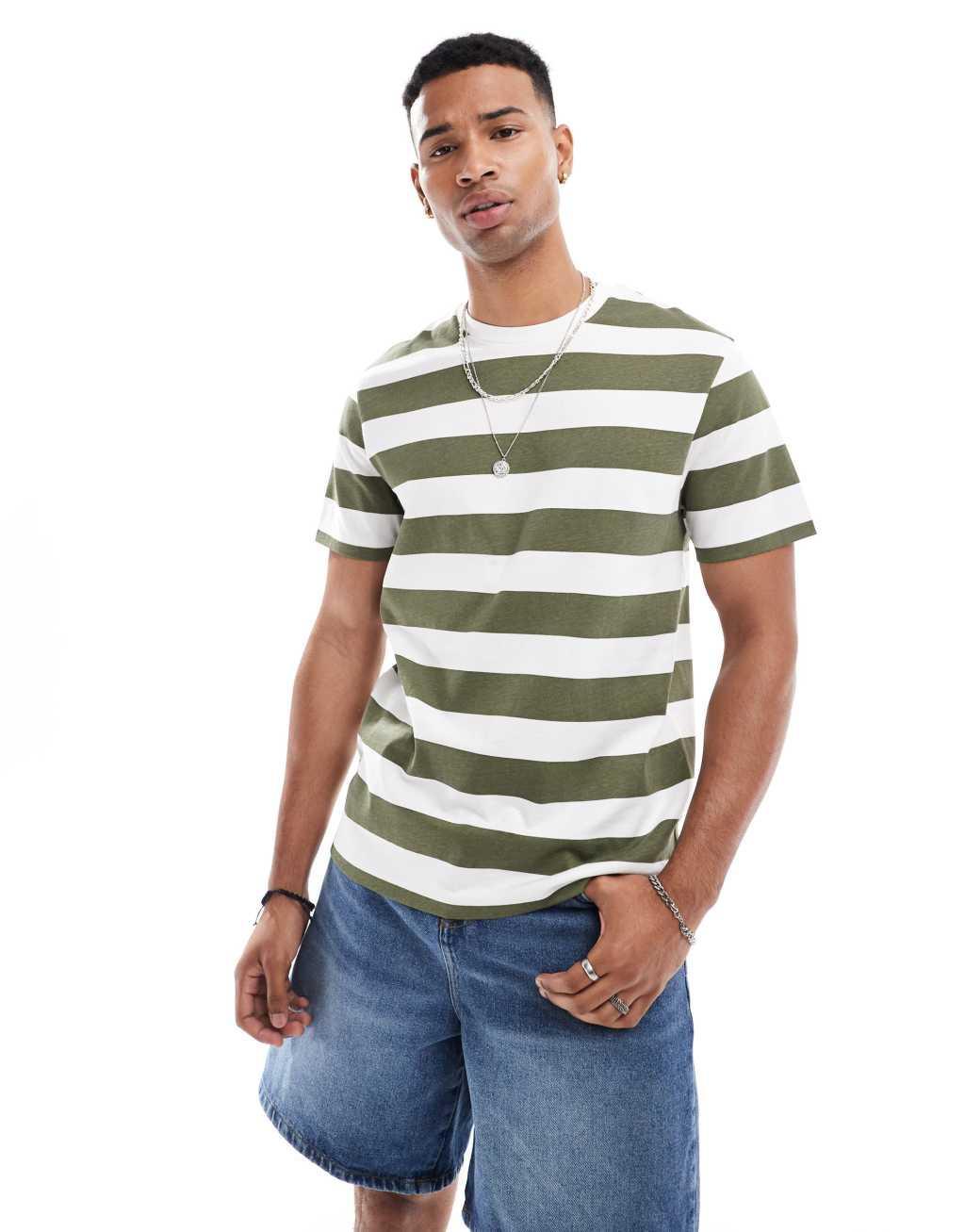 ASOS DESIGN striped t-shirt in olive and white Product Image