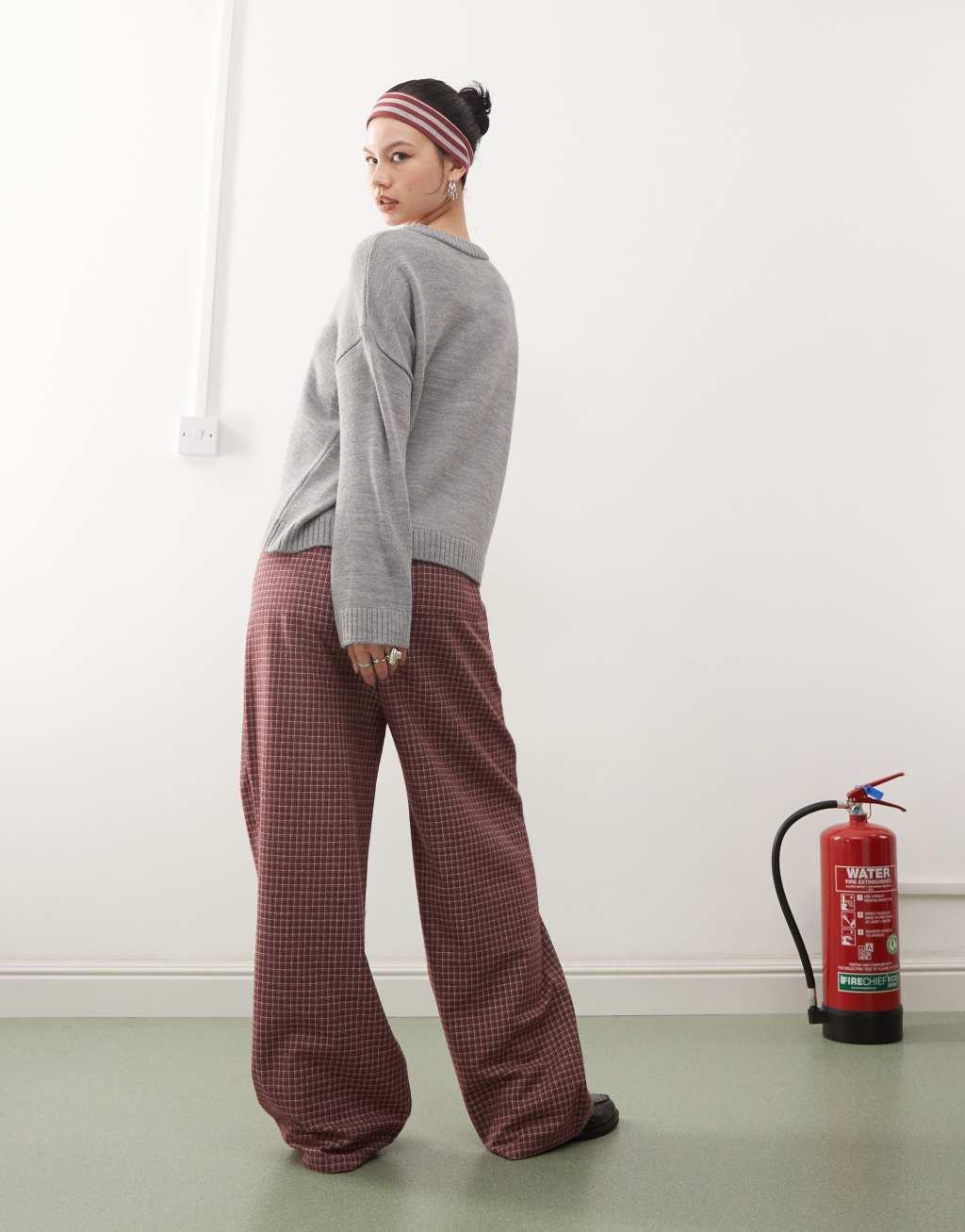 Reclaimed Vintage relaxed baggy pull on pants in burgundy check Product Image