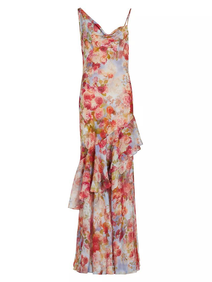 Viola Asymmetric Cowlneck Floral Silk Gown Product Image