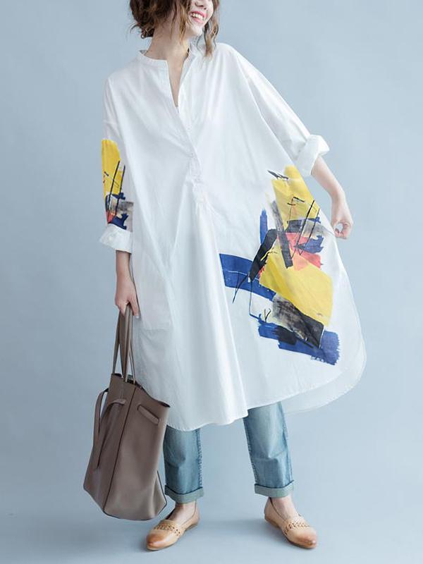 White Asymmetric Printed Split-Side Long Sleeves Shirt Dress Product Image