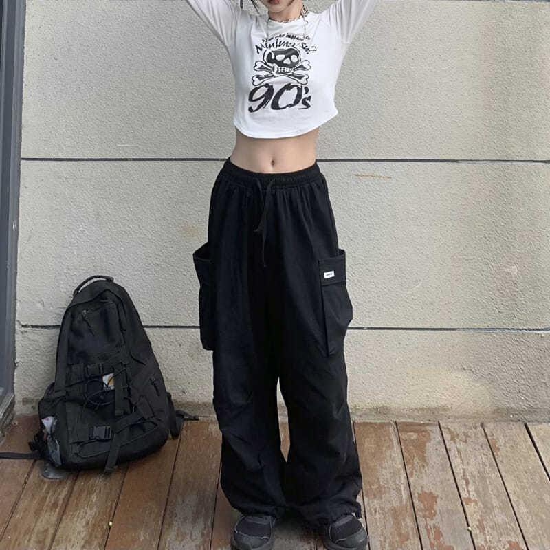 Drawstring Waist Plain Wide Leg Cargo Pants Product Image