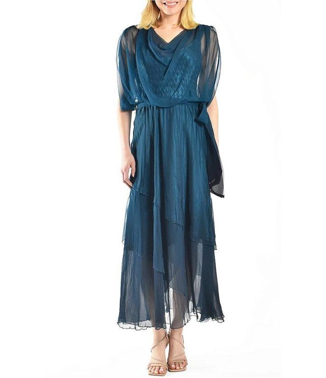 Komarov Charmeuse Accordion Pleated Attached Chiffon Popover Cowl Neck Sleeveless Tiered Midi Dress Product Image