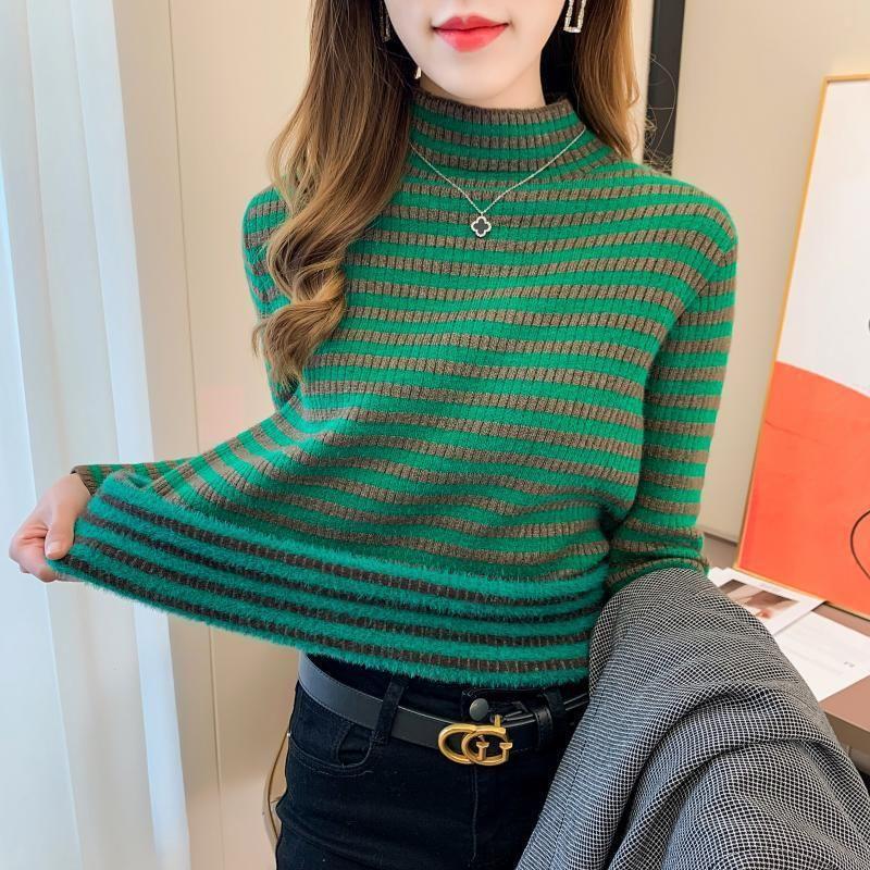 Long-Sleeve Mock Neck Striped Slim Fit Knit Top Product Image