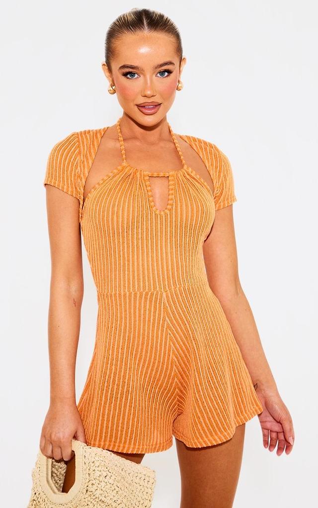 Orange Textured Rib Short Sleeve Halter Strap Romper Product Image