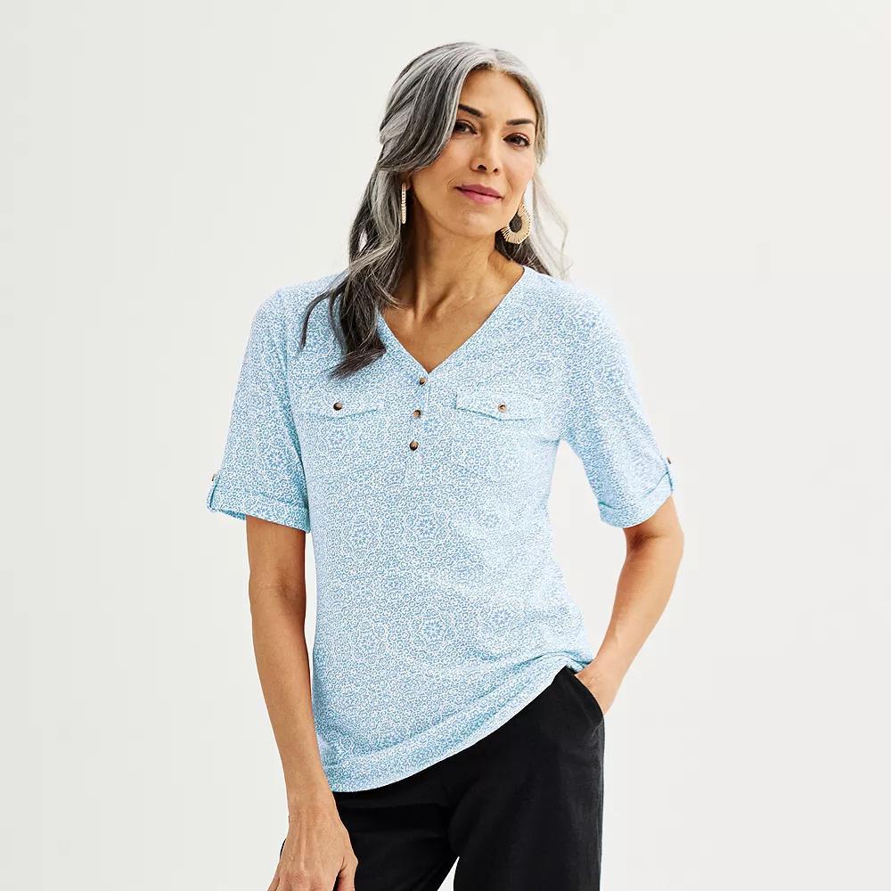 Women's Croft & Barrow® Elbow Sleeve Utility Henley Top, Size: XS, Blue Mosaic Product Image